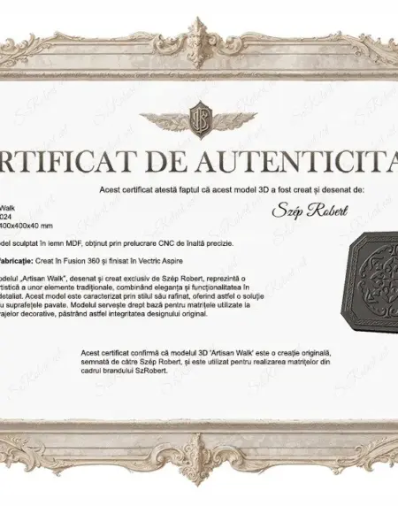 Certificat de autenticitate pentru modelul de pavaj Artisan Walk, creat de Szép Róbert, parte din brandul SzRobert.