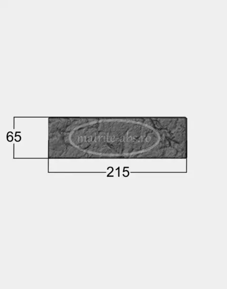 Imaginea prezinta o matrita pentru placa decorativa model Caramida Veche, avand dimensiunile de 215 mm in lungime si 65 mm in inaltime, cu textura detaliata.