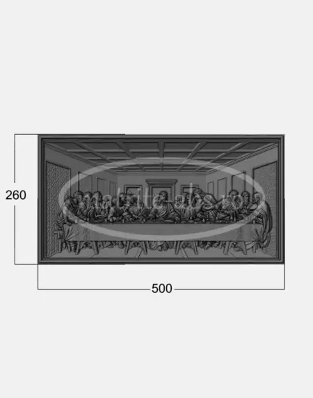 Vedere frontala a modelului Cina cea de Taina pentru tablou decorativ, cu dimensiuni specificate.