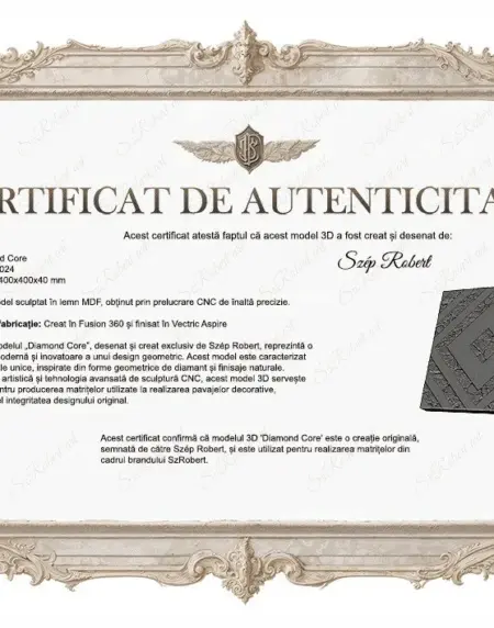 Certificat de autenticitate pentru modelul de pavaj Diamond Core, semnat de Szép Robert, cu detalii tehnice și descrierea modelului.