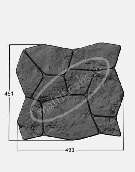 Imagine ce prezinta placa decorativa Flat Stone cu dimensiuni de 493x451mm, avand un aspect texturat ce imita piatra naturala, ideal pentru proiecte de amenajare.