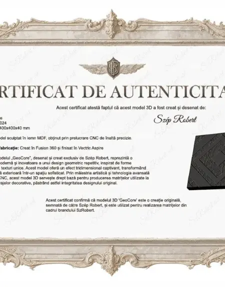 Certificat de autenticitate pentru modelul GeoCore.