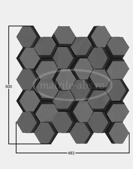 Matrita ABS model Hexagon Decupat, vedere frontala cu dimensiuni specifice 483x500 mm.