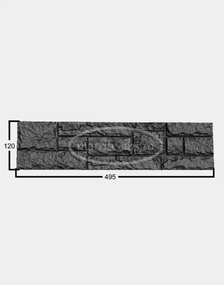 Imaginea prezinta o placa decorativa cu model de piatra sparta SR, cu dimensiunile 495 mm in lungime si 120 mm in inaltime, oferind detalii clare despre proportiile si textura acesteia.