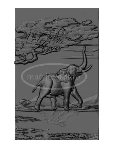 Vedere frontala a piesei 2 din tablou safari, prezentand un elefant in peisaj, obtinut cu matrita din ABS.