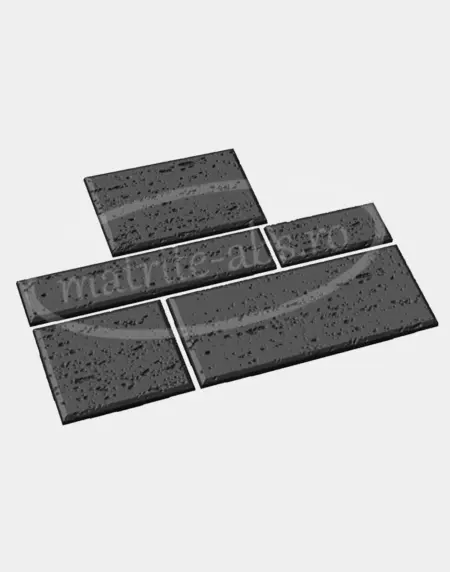 Set de matrite ABS imitatie travertin, prezentand o configuratie cu placi de diverse dimensiuni, aranjate in stilul unui perete decorativ.