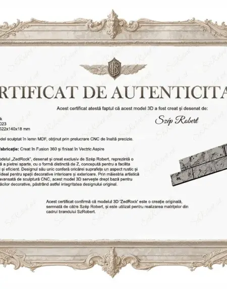 Certificat de autenticitate pentru modelul ZedRock