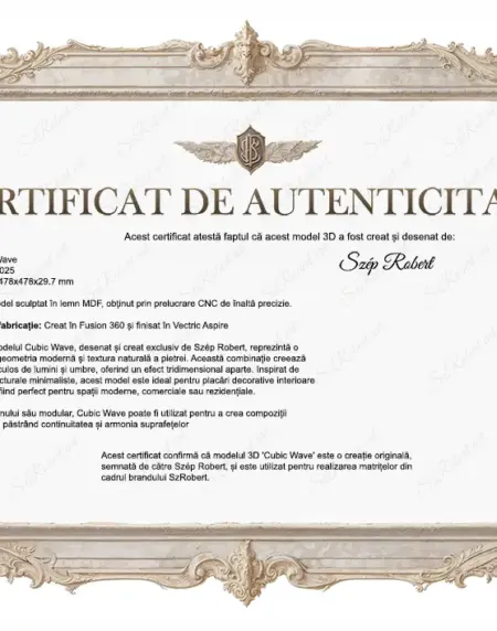 Certificat de autenticitate pentru modelul Cubic Wave, creat de Szep Robert