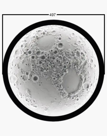 Lampa The Moon, vedere frontala cu dimensiuni de 497 mm, relief lunar detaliat.