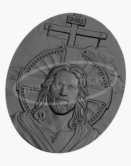 Basorelief religios cu Iisus in prim-plan, in fata unei cruci si a unui fundal simbolic – matrita ABS pentru turnare tablouri decorative.